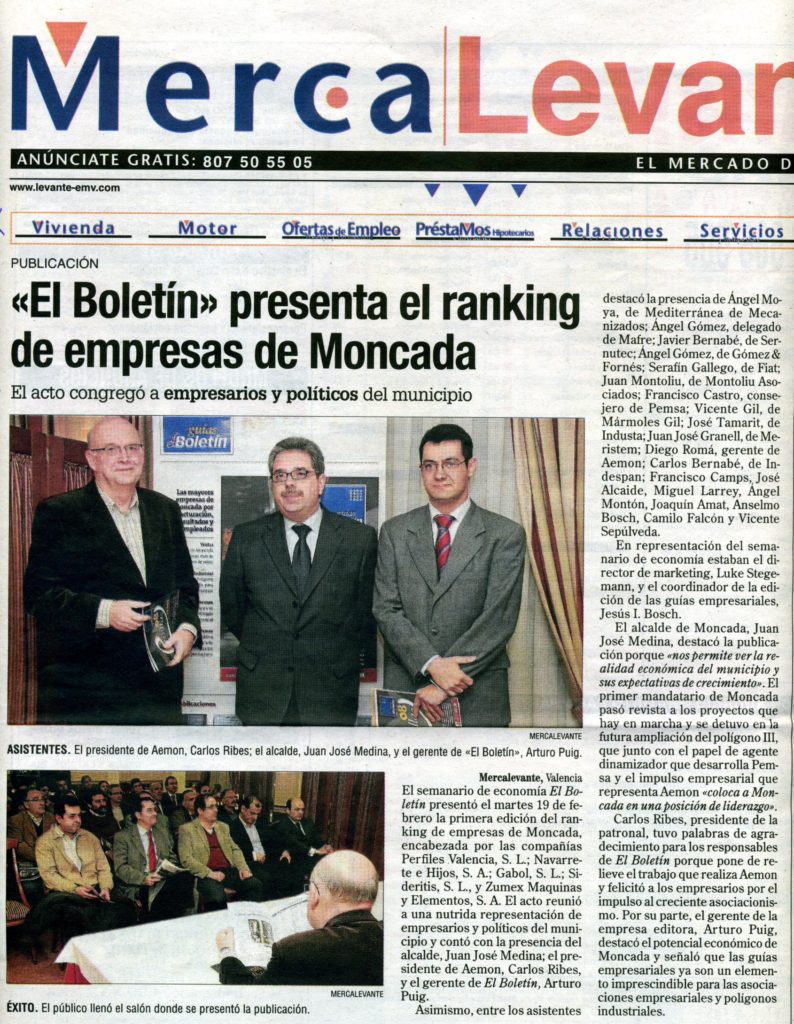 El «Boletín» presenta el ranking de empresas de Moncada